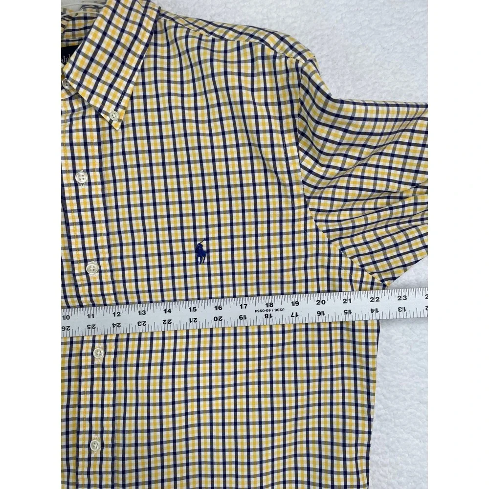 Polo Ralph Lauren Mens Custom Fit Gingham Shirt Yellow Navy Blue 16 L Long Sleev